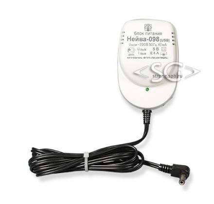 Адаптер питания Нейва-098-5 USB    5V 0.4А   1,7м шнур, штекер 5,0/2,1(+) мм угловой +разъём USB