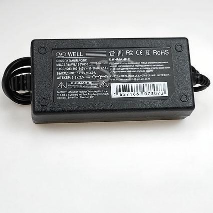 Блок питания 12 В, 3 А, 36 Вт, штекер 5,5*2,5 мм, шнур сеть (AC/DC, WELL, WL120V030) Блок питания 12 В, 3 А, 36 Вт, штекер 5,5*2,5 мм, шнур сеть (AC/DC, WELL, WL120V030)