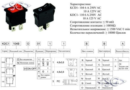 Переключатель KCD1-104B (KCD1-104BN0111RKA) 6A 4pin RED light