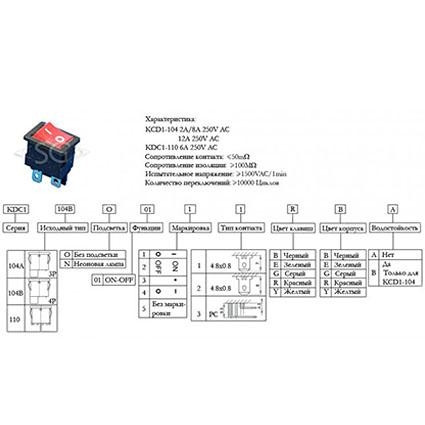 Переключатель KCD1-104B (KCD1-104BO0111RKA матовый, без подсветки) 6A 4pin RED