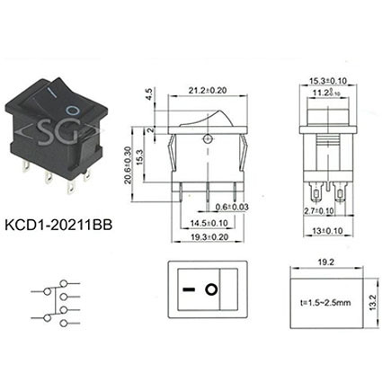 Переключатель KCD1-202 (KCD1-20211KK) (маркировка KCD2) 6A 6pin BLACK
