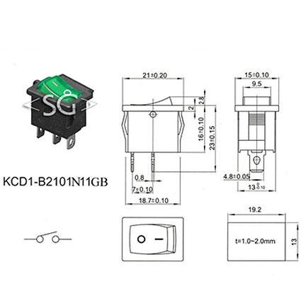 Переключатель KCD1-B2 (KCD1-B2101N11GK) (маркировка KCD7) 6A 3pin GREEN  light