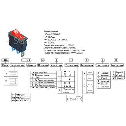 Переключатель KCD3-1 (KCD3-101C11CRK) 12V  (маркировка KCD2) 16A 3pin RED light