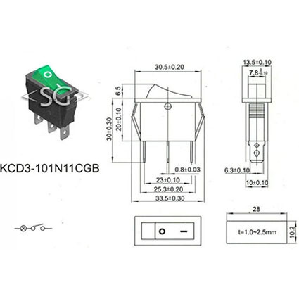 Переключатель KCD3-1 (KCD3-101N11CGK) 16A 3pin GREEN light