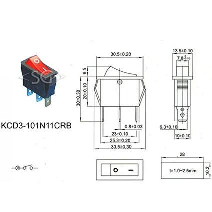 Переключатель KCD3-1 (KCD3-101N11CRK) 16A 3pin RED light