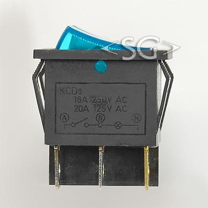 Переключатель KCD3-2 (KCD3-201N11CBK) (маркировка KCD6) 16A 6pin BLUE light