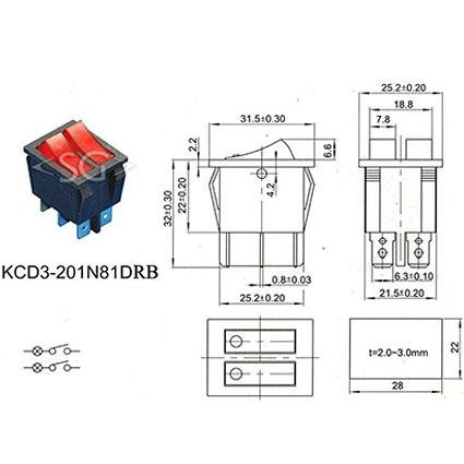 Переключатель KCD3-2 (KCD3-201N11CGK) (маркировка KCD6) 16A 6pin GREEN light