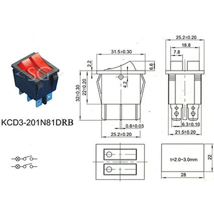 Переключатель KCD3-2 (KCD3-201N11CRK) (маркировка KCD4) 16A 6pin RED light