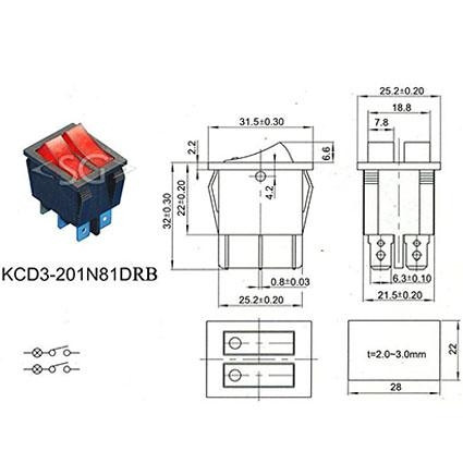Переключатель KCD3-2 (KCD3-201N11CYK) (маркировка KCD6) 16A 6pin YELLOW light
